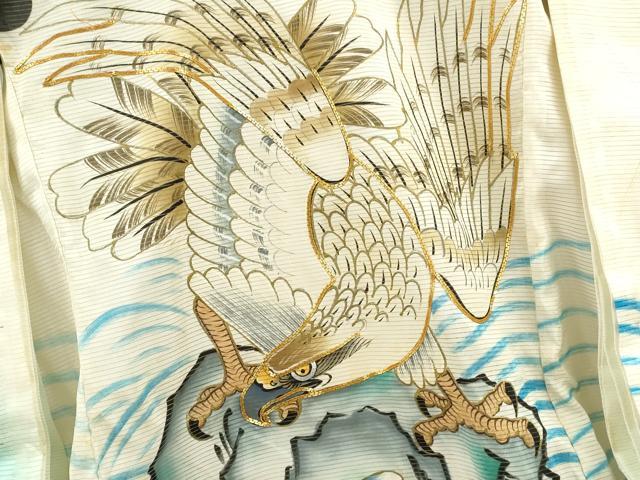 平和屋着物＊夏物 お宮参り 男の子 祝着 産着 初着 のしめ 絽 駒刺繍 鷹 立波松文 金彩 逸品 CAAZ7132ze