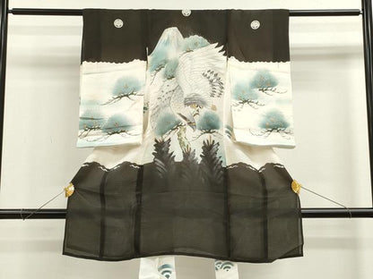 平和屋着物＊夏物 お宮参り 男の子 祝着 産着 初着 のしめ 絽 手描き 駒刺繍 鷹 松 金銀彩 逸品 CAAZ7133ze