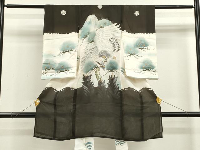 平和屋着物＊夏物 お宮参り 男の子 祝着 産着 初着 のしめ 絽 手描き 駒刺繍 鷹 松 金銀彩 逸品 CAAZ7133ze