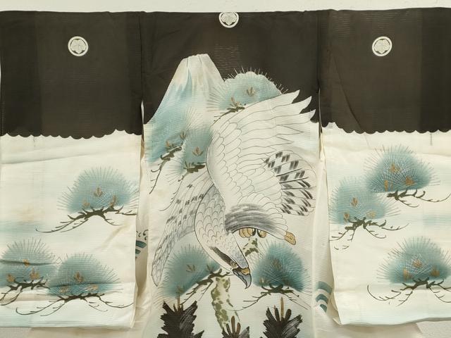 平和屋着物＊夏物 お宮参り 男の子 祝着 産着 初着 のしめ 絽 手描き 駒刺繍 鷹 松 金銀彩 逸品 CAAZ7133ze