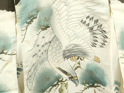 平和屋着物＊夏物 お宮参り 男の子 祝着 産着 初着 のしめ 絽 手描き 駒刺繍 鷹 松 金銀彩 逸品 CAAZ7133ze