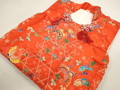平和屋着物[]七五三　女の子　３歳　祝着　三つ身　被布セット　 網目舞蝶草花文　金彩　逸品　CAAZ7135ze