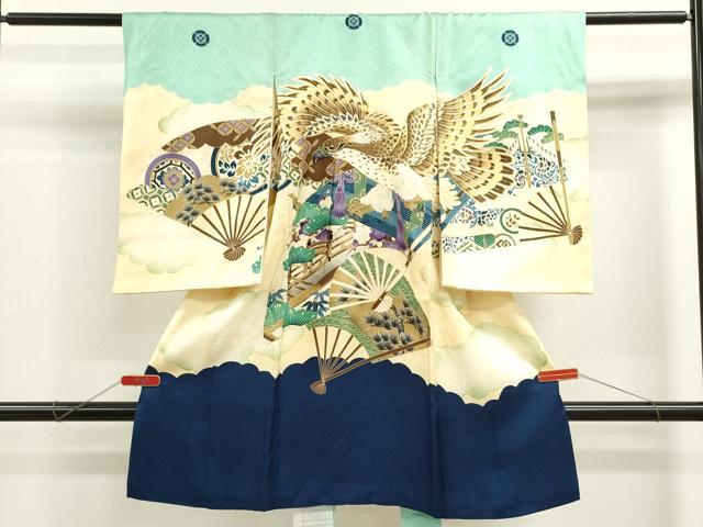 平和屋着物[]お宮参り　男の子　祝着　産着　初着　のしめ　駒刺繍　鷹　松竹梅扇面吉祥文　暈し染め　金彩　逸品　CAAZ7145ze