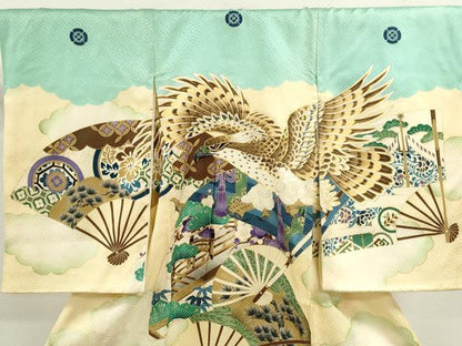 平和屋着物[]お宮参り　男の子　祝着　産着　初着　のしめ　駒刺繍　鷹　松竹梅扇面吉祥文　暈し染め　金彩　逸品　CAAZ7145ze