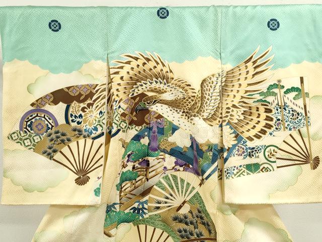 平和屋着物[]お宮参り　男の子　祝着　産着　初着　のしめ　駒刺繍　鷹　松竹梅扇面吉祥文　暈し染め　金彩　逸品　CAAZ7145ze