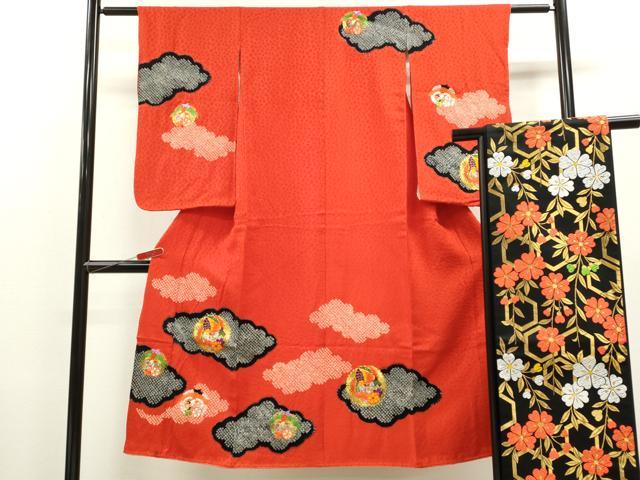平和屋着物[]七五三　女の子　７歳　祝着　四つ身　袋帯セット　駒刺繍　絞り　雲取り鳳凰花丸文　逸品　CAAZ7149ze