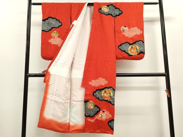 平和屋着物[]七五三　女の子　７歳　祝着　四つ身　袋帯セット　駒刺繍　絞り　雲取り鳳凰花丸文　逸品　CAAZ7149ze