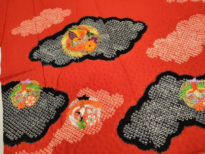 平和屋着物[]七五三　女の子　７歳　祝着　四つ身　袋帯セット　駒刺繍　絞り　雲取り鳳凰花丸文　逸品　CAAZ7149ze