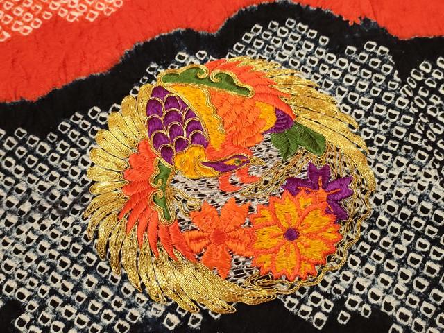 平和屋着物[]七五三　女の子　７歳　祝着　四つ身　袋帯セット　駒刺繍　絞り　雲取り鳳凰花丸文　逸品　CAAZ7149ze