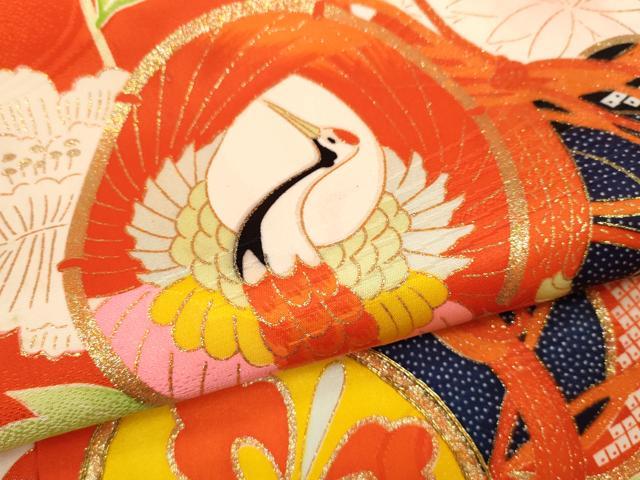 平和屋着物[]七五三　女の子　７歳　祝着　四つ身　駒刺繍　鼓飛鶴枝花文　金彩　洗える着物　CAAZ7150ze