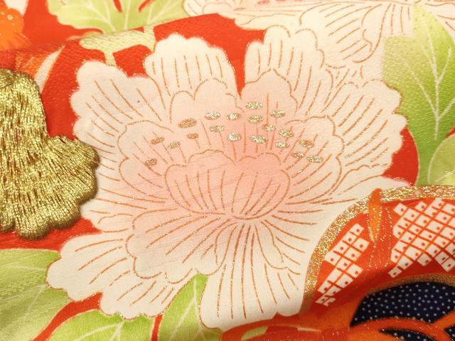 平和屋着物[]七五三　女の子　７歳　祝着　四つ身　駒刺繍　鼓飛鶴枝花文　金彩　洗える着物　CAAZ7150ze