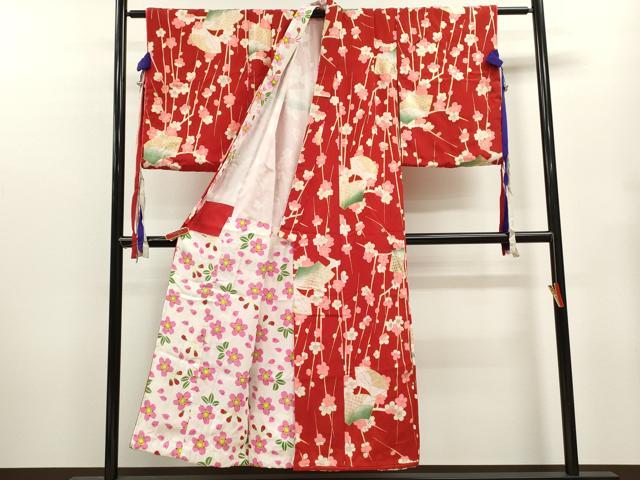 平和屋着物∵女の子 十三参り 子供 祝着 地紙吉祥枝梅文 金彩 洗える着物 CAAZ7151ze