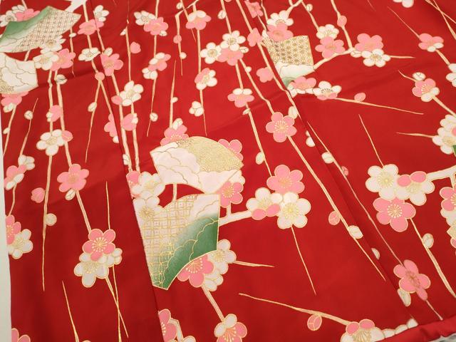 平和屋着物∵女の子 十三参り 子供 祝着 地紙吉祥枝梅文 金彩 洗える着物 CAAZ7151ze
