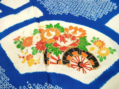 平和屋着物[]七五三　女の子　７歳　祝着　四つ身　駒刺繍　絞り　地紙花車文　金彩　逸品　CAAZ7156ze