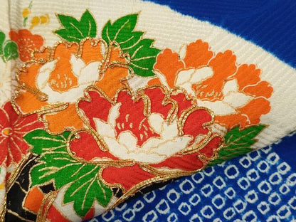 平和屋着物[]七五三　女の子　７歳　祝着　四つ身　駒刺繍　絞り　地紙花車文　金彩　逸品　CAAZ7156ze