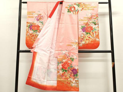 平和屋着物[]七五三　女の子　７歳　祝着　四つ身　片輪車舞蝶草花文　金彩　CAAZ7159ze