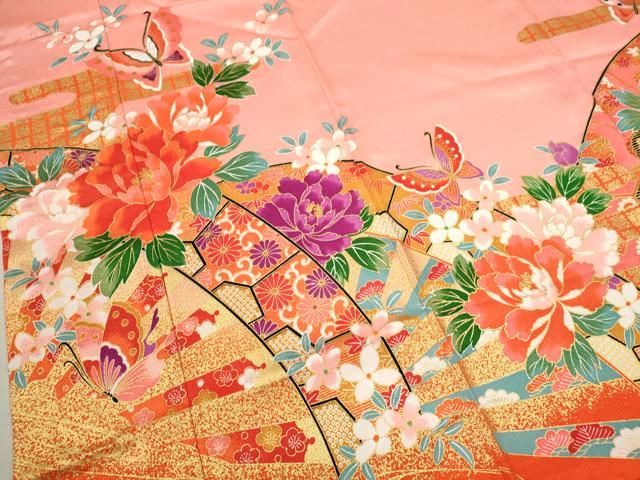 平和屋着物[]七五三　女の子　７歳　祝着　四つ身　片輪車舞蝶草花文　金彩　CAAZ7159ze