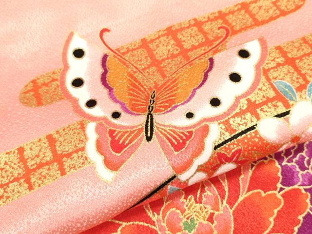 平和屋着物[]七五三　女の子　７歳　祝着　四つ身　片輪車舞蝶草花文　金彩　CAAZ7159ze