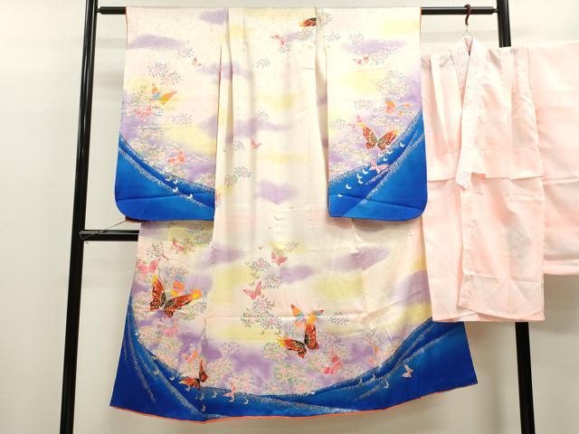 平和屋着物[]七五三　女の子　７歳　祝着　四つ身　長襦袢セット　舞蝶草花文　暈し染め　金銀彩　逸品　CAAZ7160ze