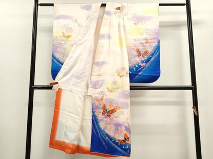 平和屋着物[]七五三　女の子　７歳　祝着　四つ身　長襦袢セット　舞蝶草花文　暈し染め　金銀彩　逸品　CAAZ7160ze