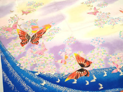 平和屋着物[]七五三　女の子　７歳　祝着　四つ身　長襦袢セット　舞蝶草花文　暈し染め　金銀彩　逸品　CAAZ7160ze