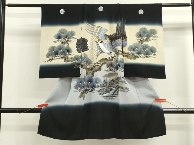 平和屋着物[]七五三　男の子　祝着　手描き　鷹　枝松文　暈し染め　黒地　金彩　逸品　CAAZ7163ze