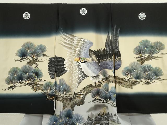 平和屋着物[]七五三　男の子　祝着　手描き　鷹　枝松文　暈し染め　黒地　金彩　逸品　CAAZ7163ze