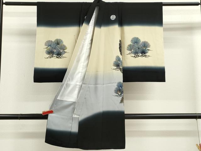 平和屋着物[]七五三　男の子　祝着　手描き　鷹　枝松文　暈し染め　黒地　金彩　逸品　CAAZ7163ze