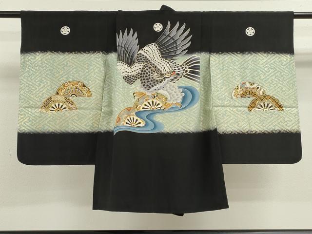 平和屋着物[]七五三　男の子　祝着・羽織・長襦袢・袴・小物セット　鷹　片輪車文　黒地　金彩　逸品　CAAZ7165ze