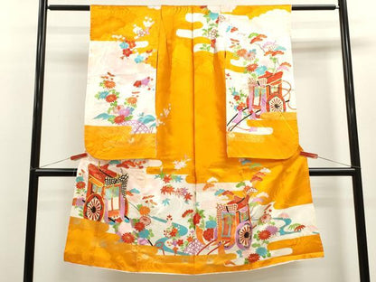 平和屋着物[]七五三　女の子　７歳　祝着　四つ身　駒刺繍　御所車草花文　金彩　洗える着物　CAAZ7173ze