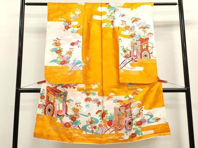 平和屋着物[]七五三　女の子　７歳　祝着　四つ身　駒刺繍　御所車草花文　金彩　洗える着物　CAAZ7173ze