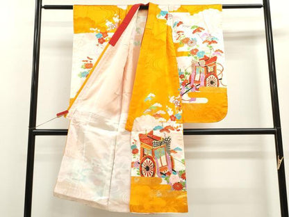 平和屋着物[]七五三　女の子　７歳　祝着　四つ身　駒刺繍　御所車草花文　金彩　洗える着物　CAAZ7173ze