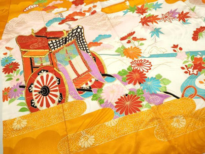 平和屋着物[]七五三　女の子　７歳　祝着　四つ身　駒刺繍　御所車草花文　金彩　洗える着物　CAAZ7173ze