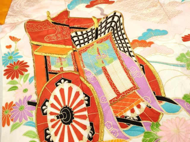 平和屋着物[]七五三　女の子　７歳　祝着　四つ身　駒刺繍　御所車草花文　金彩　洗える着物　CAAZ7173ze