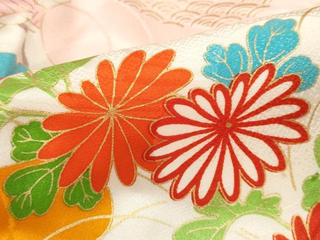 平和屋着物[]七五三　女の子　７歳　祝着　四つ身　駒刺繍　御所車草花文　金彩　洗える着物　CAAZ7173ze