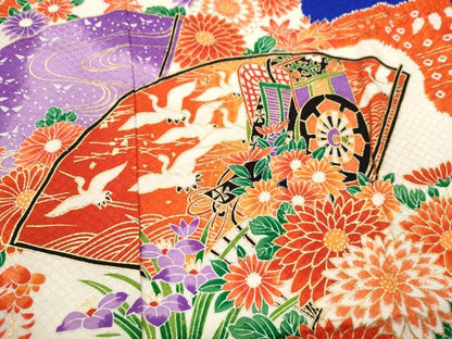 平和屋着物[]七五三　女の子　７歳　祝着　四つ身　地紙重ね飛鶴草花文　金彩　逸品　CAAZ7174ze