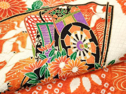 平和屋着物[]七五三　女の子　７歳　祝着　四つ身　地紙重ね飛鶴草花文　金彩　逸品　CAAZ7174ze