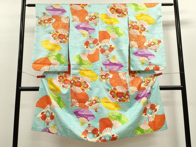平和屋着物[]七五三　女の子　７歳　祝着　四つ身　扇面草花文　金彩　洗える着物　CAAZ7177ze