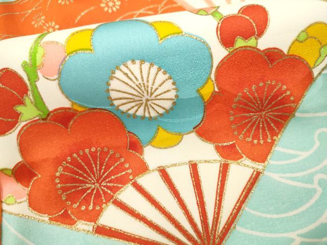 平和屋着物[]七五三　女の子　７歳　祝着　四つ身　扇面草花文　金彩　洗える着物　CAAZ7177ze