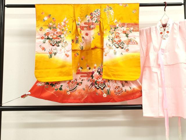 平和屋着物[]七五三　女の子　３歳　祝着　三つ身　長襦袢セット　花車鞠文　暈し染め　金彩　逸品　CAAZ7179ze