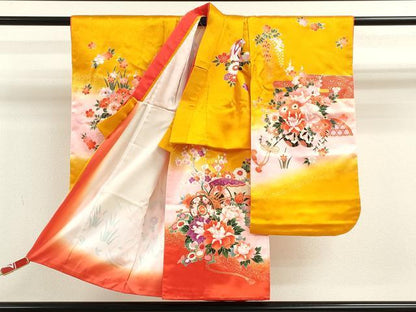 平和屋着物[]七五三　女の子　３歳　祝着　三つ身　長襦袢セット　花車鞠文　暈し染め　金彩　逸品　CAAZ7179ze