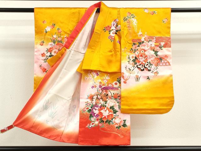 平和屋着物[]七五三　女の子　３歳　祝着　三つ身　長襦袢セット　花車鞠文　暈し染め　金彩　逸品　CAAZ7179ze