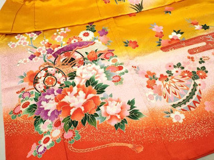 平和屋着物[]七五三　女の子　３歳　祝着　三つ身　長襦袢セット　花車鞠文　暈し染め　金彩　逸品　CAAZ7179ze