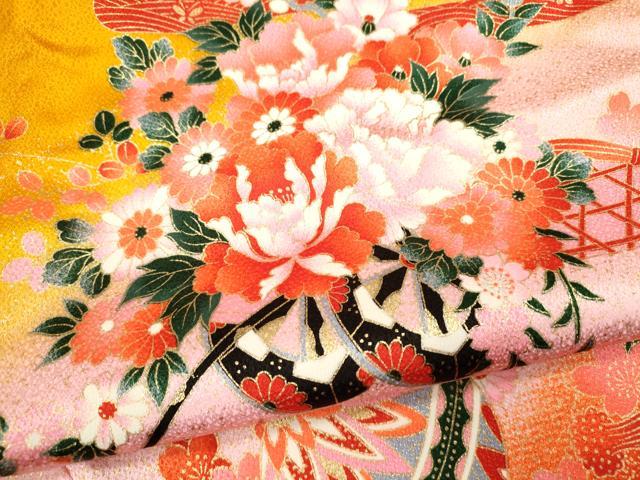 平和屋着物[]七五三　女の子　３歳　祝着　三つ身　長襦袢セット　花車鞠文　暈し染め　金彩　逸品　CAAZ7179ze