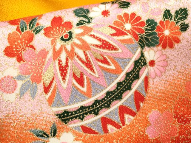 平和屋着物[]七五三　女の子　３歳　祝着　三つ身　長襦袢セット　花車鞠文　暈し染め　金彩　逸品　CAAZ7179ze