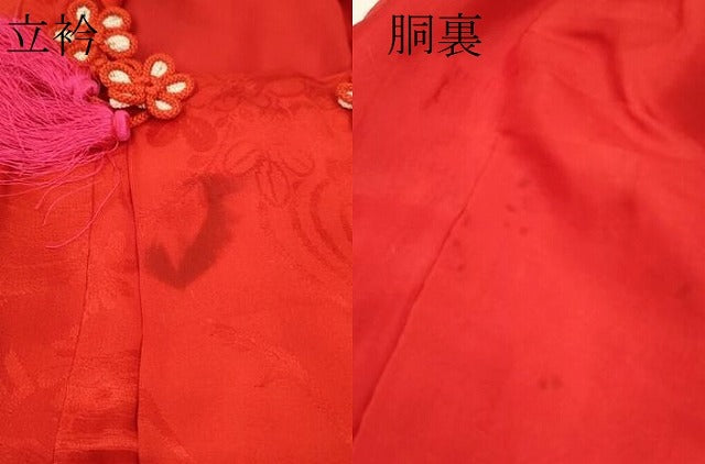 平和屋着物[]アンティーク　大正ロマン　七五三　女の子　３歳　祝着　被布　色無地　飛鶴草花地紋　赤色　逸品　CAAZ7180ze