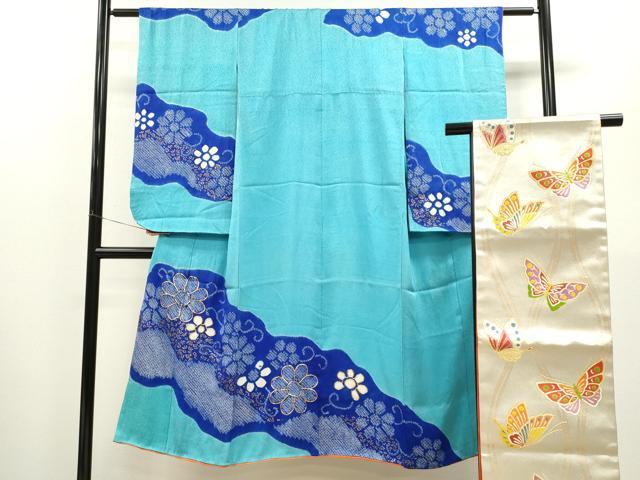 平和屋着物[]七五三　女の子　７歳　祝着　四つ身　袋帯セット　駒刺繍　絞り　花唐草文　金彩　逸品　CAAZ7182ze