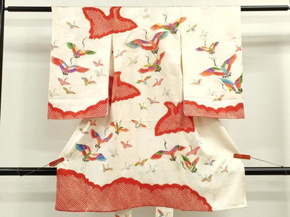 平和屋着物[]お宮参り　女の子　祝着　産着　初着　のしめ　駒刺繍　絞り　飛鶴文　金彩　逸品　CAAZ7190ze