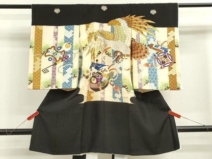 平和屋着物[]お宮参り　男の子　祝着　産着　初着　のしめ　刺繍　鷹　宝尽くし吉祥間道　黒地　逸品　CAAZ7191ze