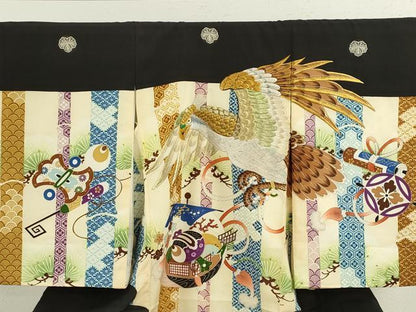 平和屋着物[]お宮参り　男の子　祝着　産着　初着　のしめ　刺繍　鷹　宝尽くし吉祥間道　黒地　逸品　CAAZ7191ze